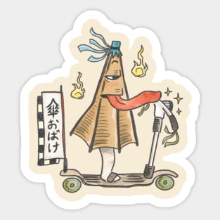 Funny Japanese folklore creature KasaObake riding scooter! Sticker